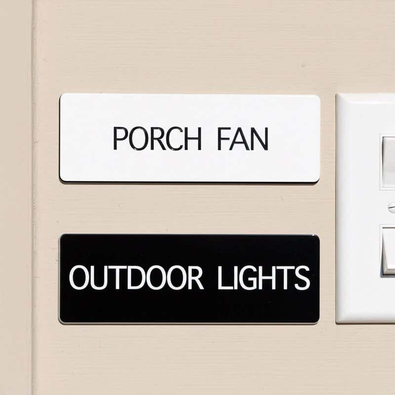 White and black engraved plastic signs being used to label and porch fan and outdoor lights