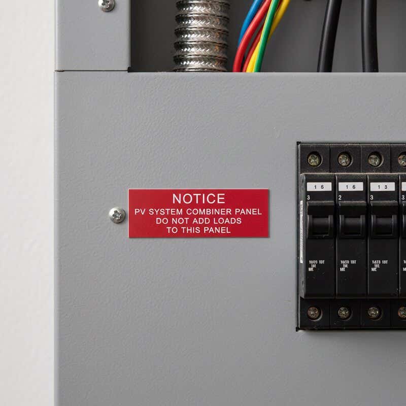 A red engraved plastic sign next to a panel to give a notice