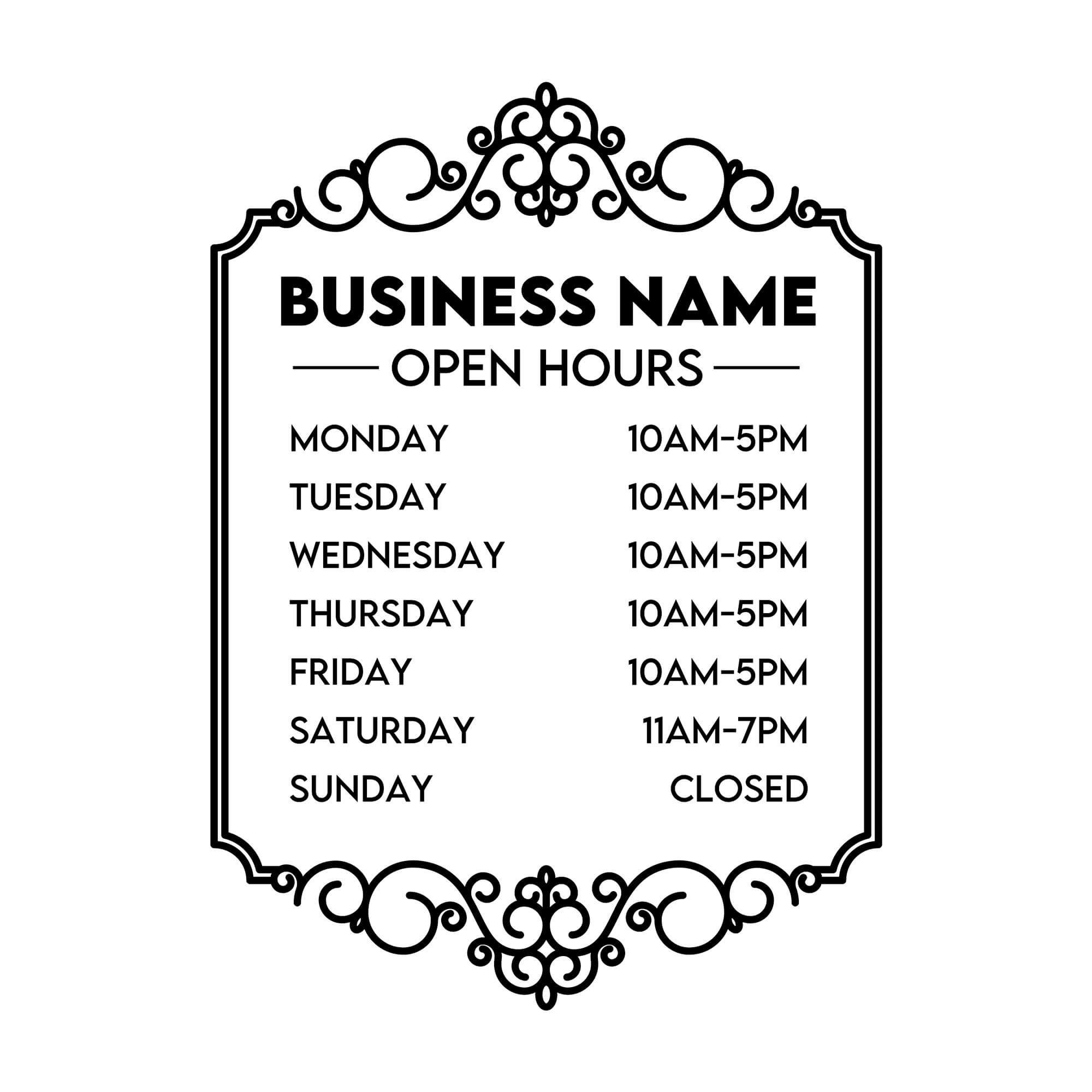 Business Hour Window Decal with Decorative Border - 12 inches by 11 inches