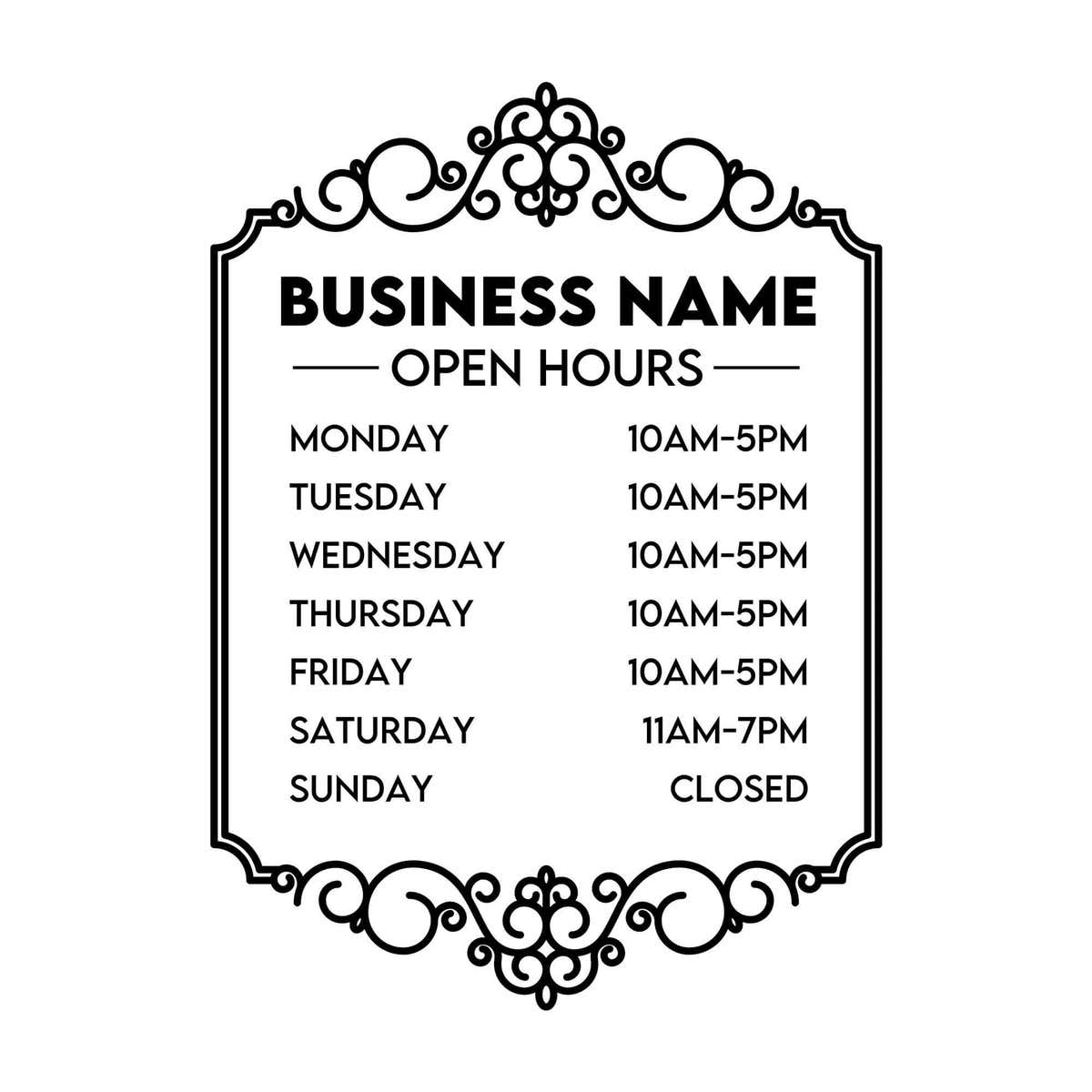 Business Hour Window Decal with Decorative Border - 12 inches by 11 inches