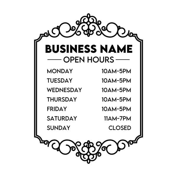 Business Hour Window Decal with Decorative Border