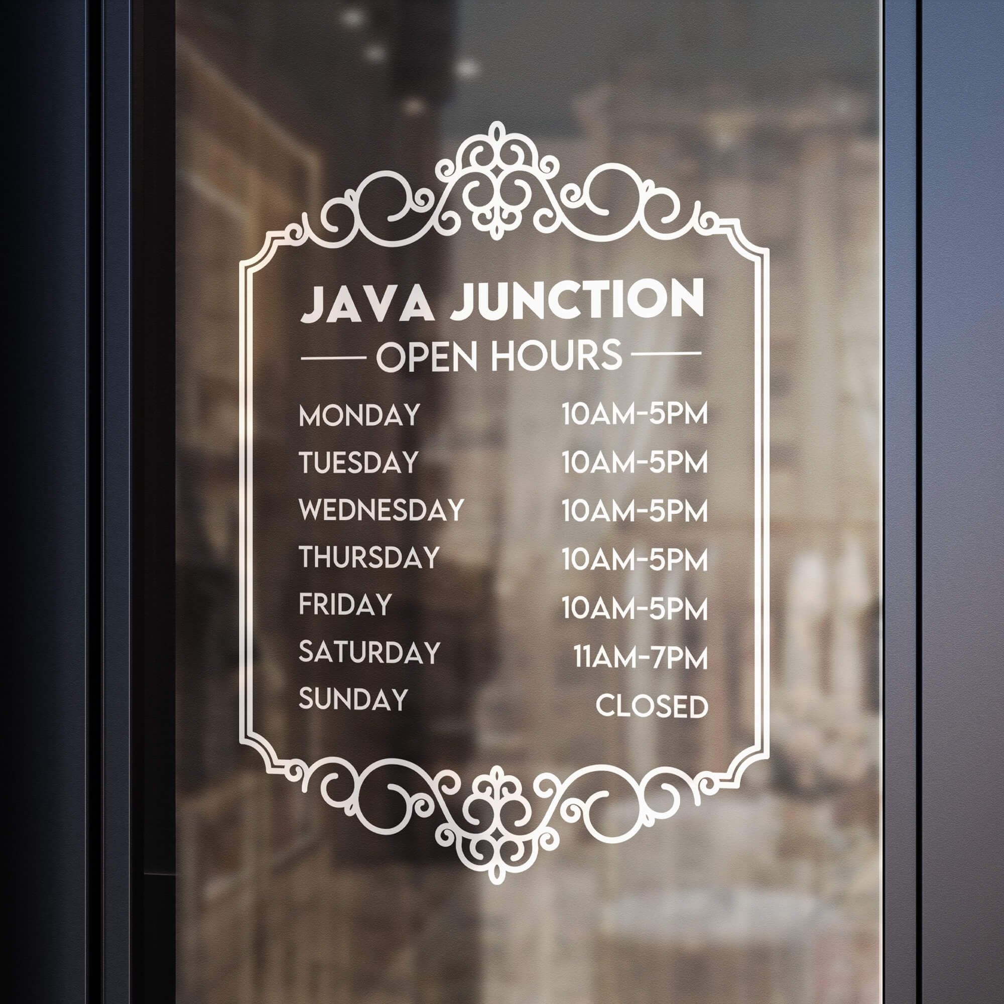 A white business hour decal on a window for a coffee shop