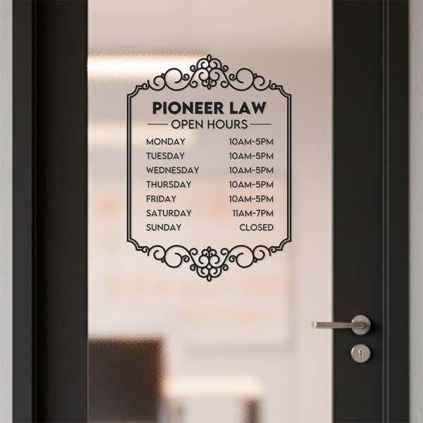 A black business hour decal on a glass door for a lawyers office