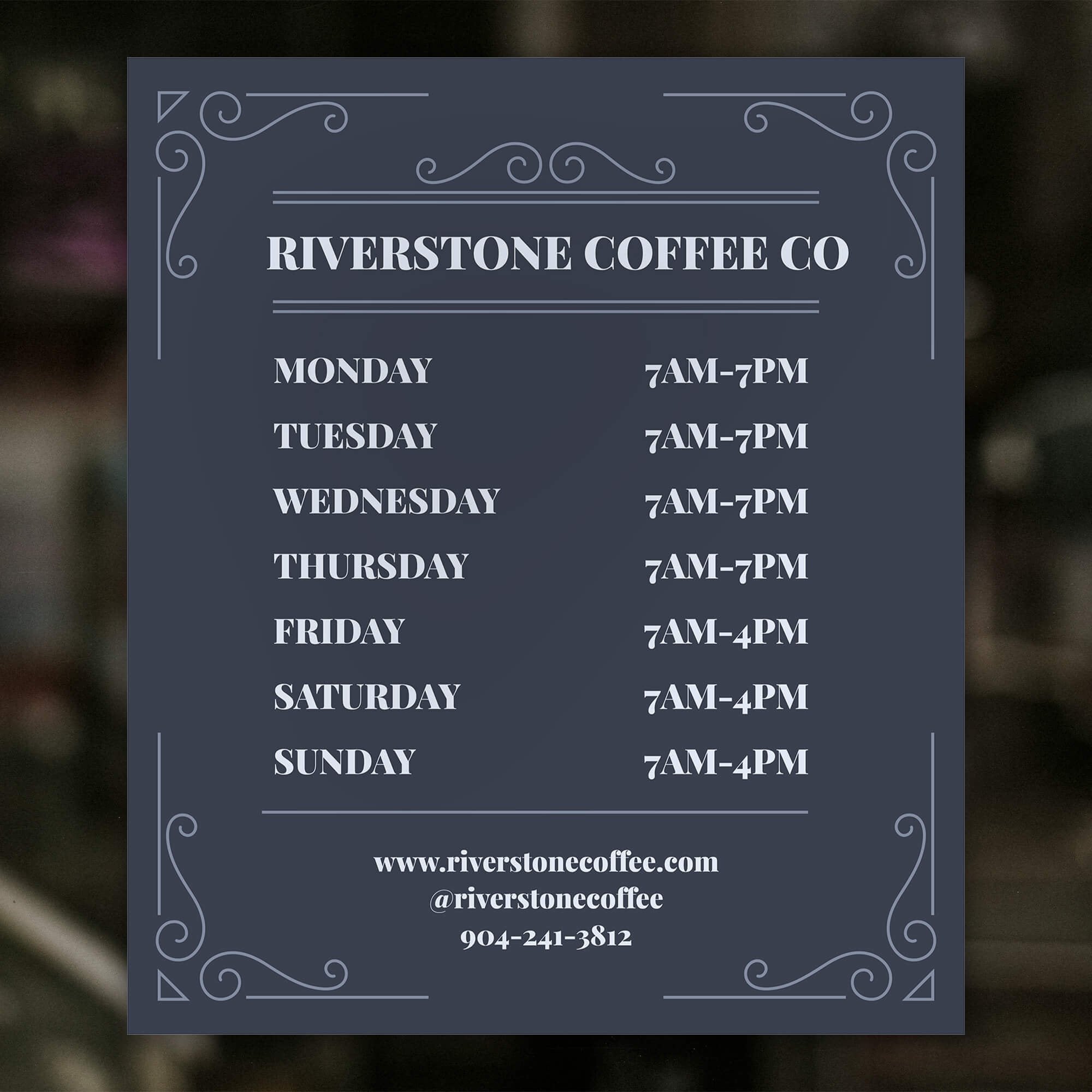 The modern business hour sign on a window for a coffee shop