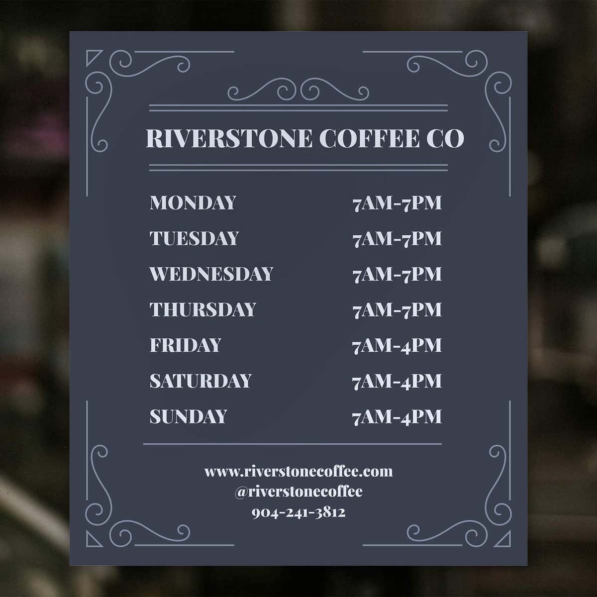 The modern business hour sign on a window for a coffee shop