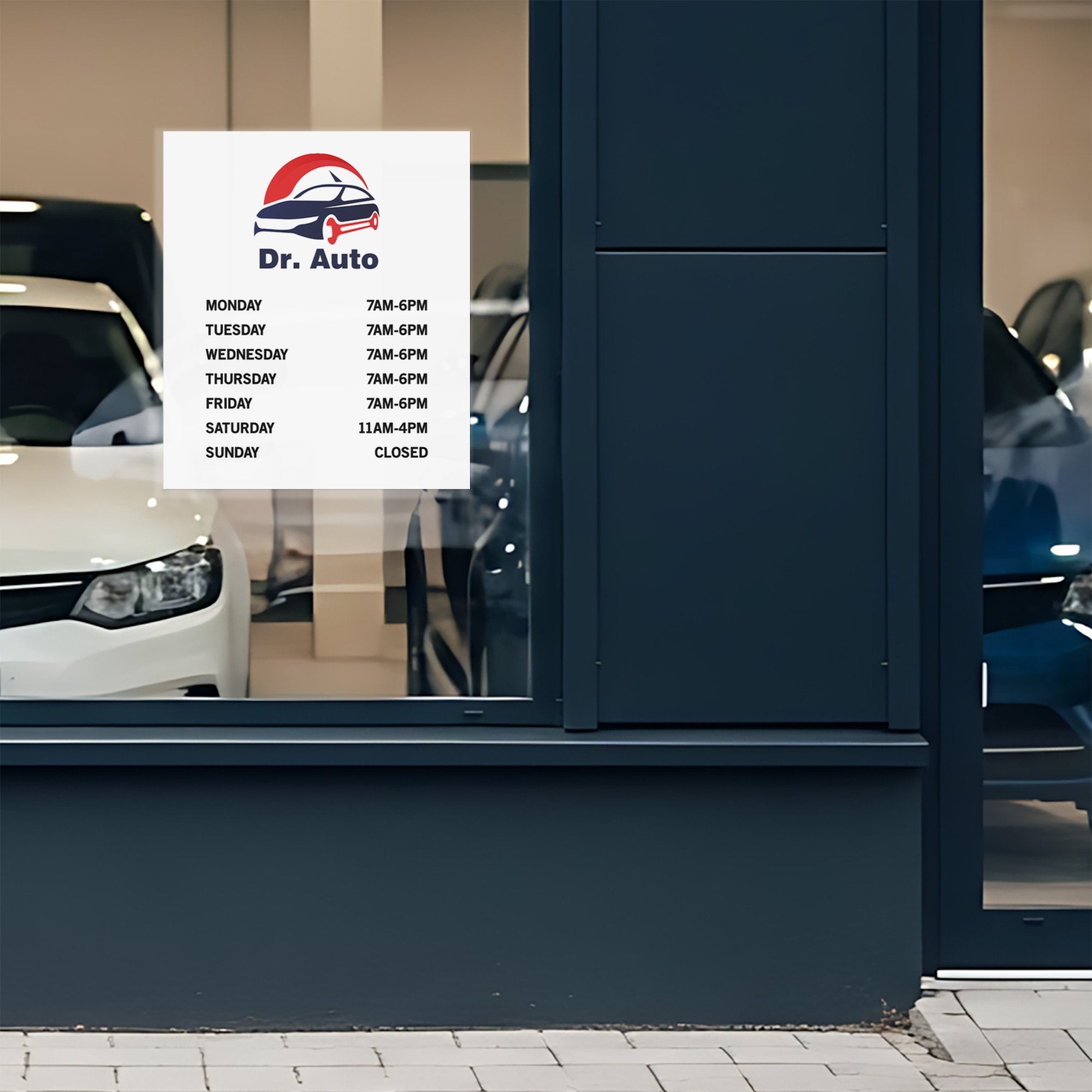 Business hours signs on a window of a car shop