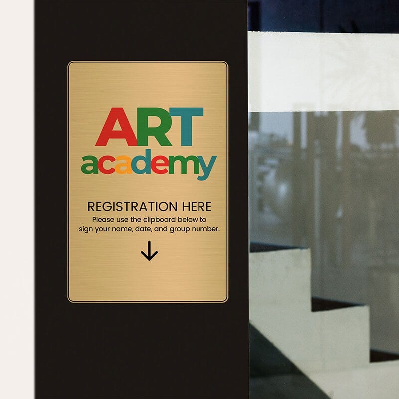 6x4 printed brass sign displayed by a doorway