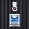 A plastic sign below a CCTV to inform that the CCVT is always recording