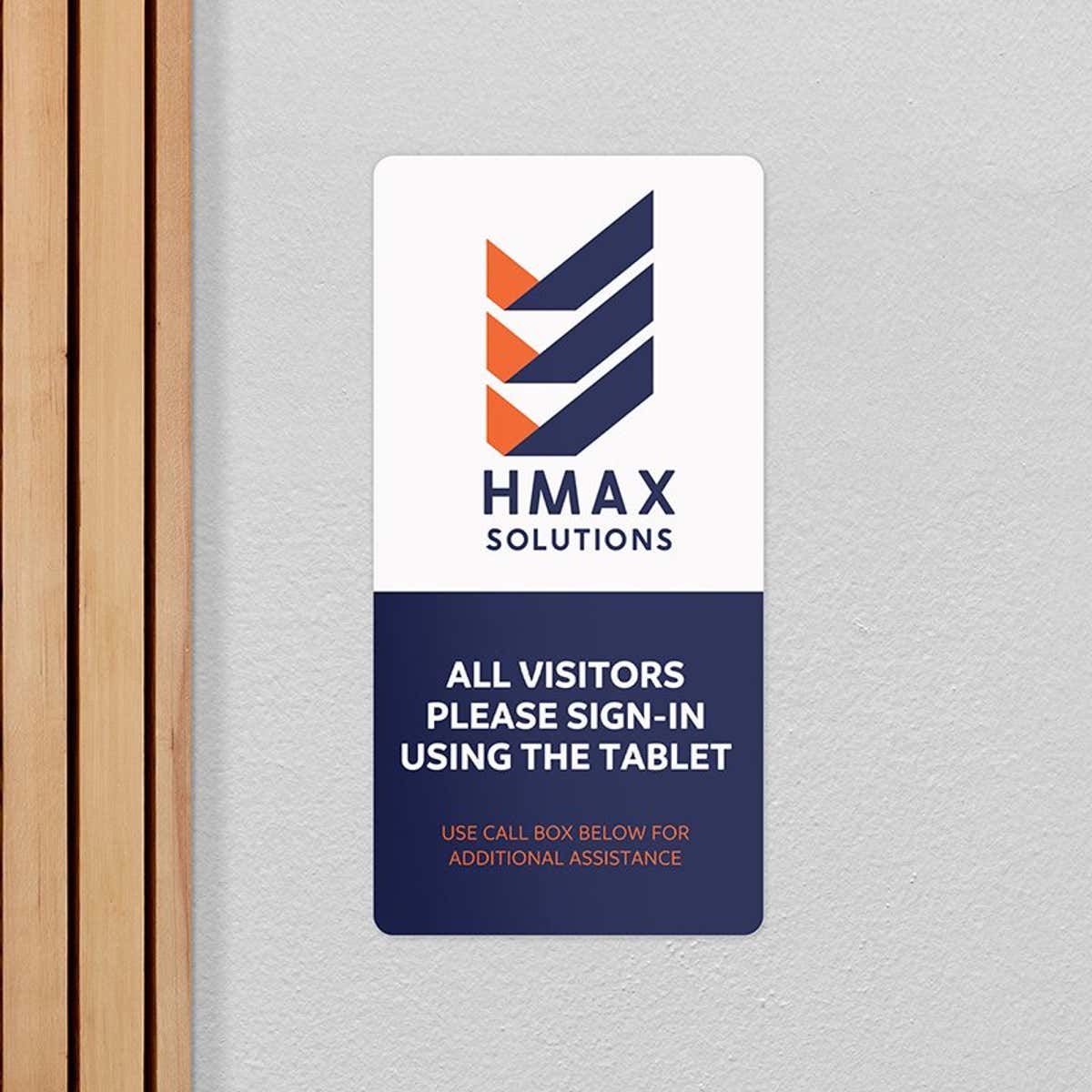 a plastic sign with a company logo and sign in information