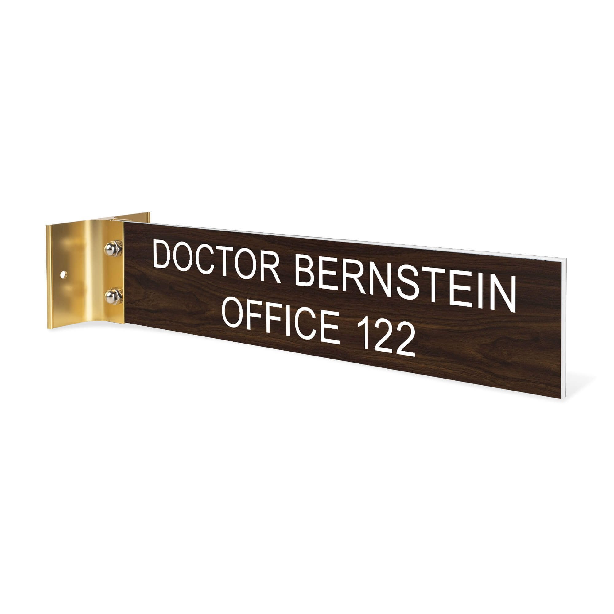 2” x 10” Corridor sign with walnut wood material color, white engraved text, and gold holder on a white background with custom text saying “DR. BERNSTEIN OFFICE 122”.