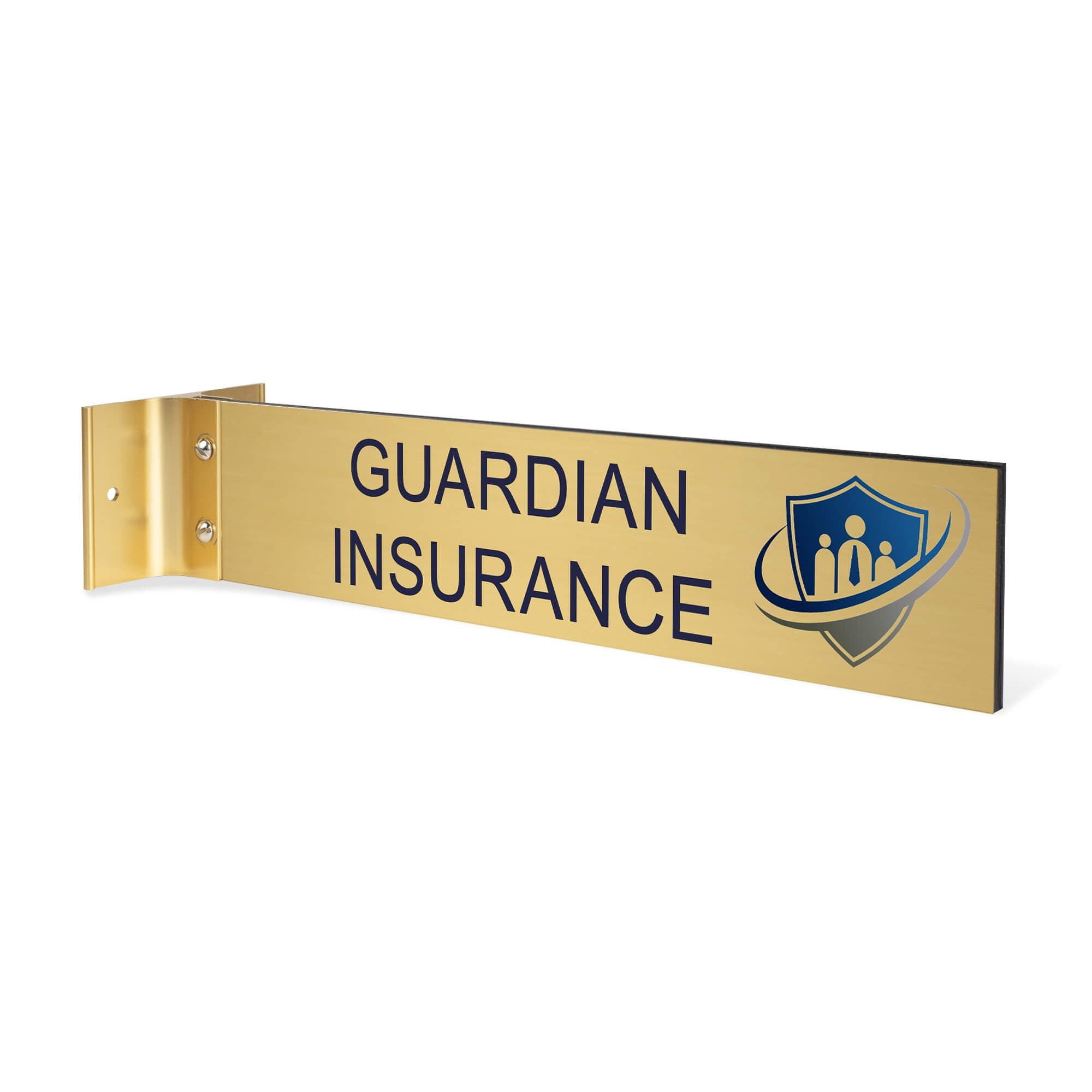 2” x 10” Corridor sign with gold material color, black engraved text, logo, and gold holder on a white background with custom text saying “GUARDIAN INSURANCE”.