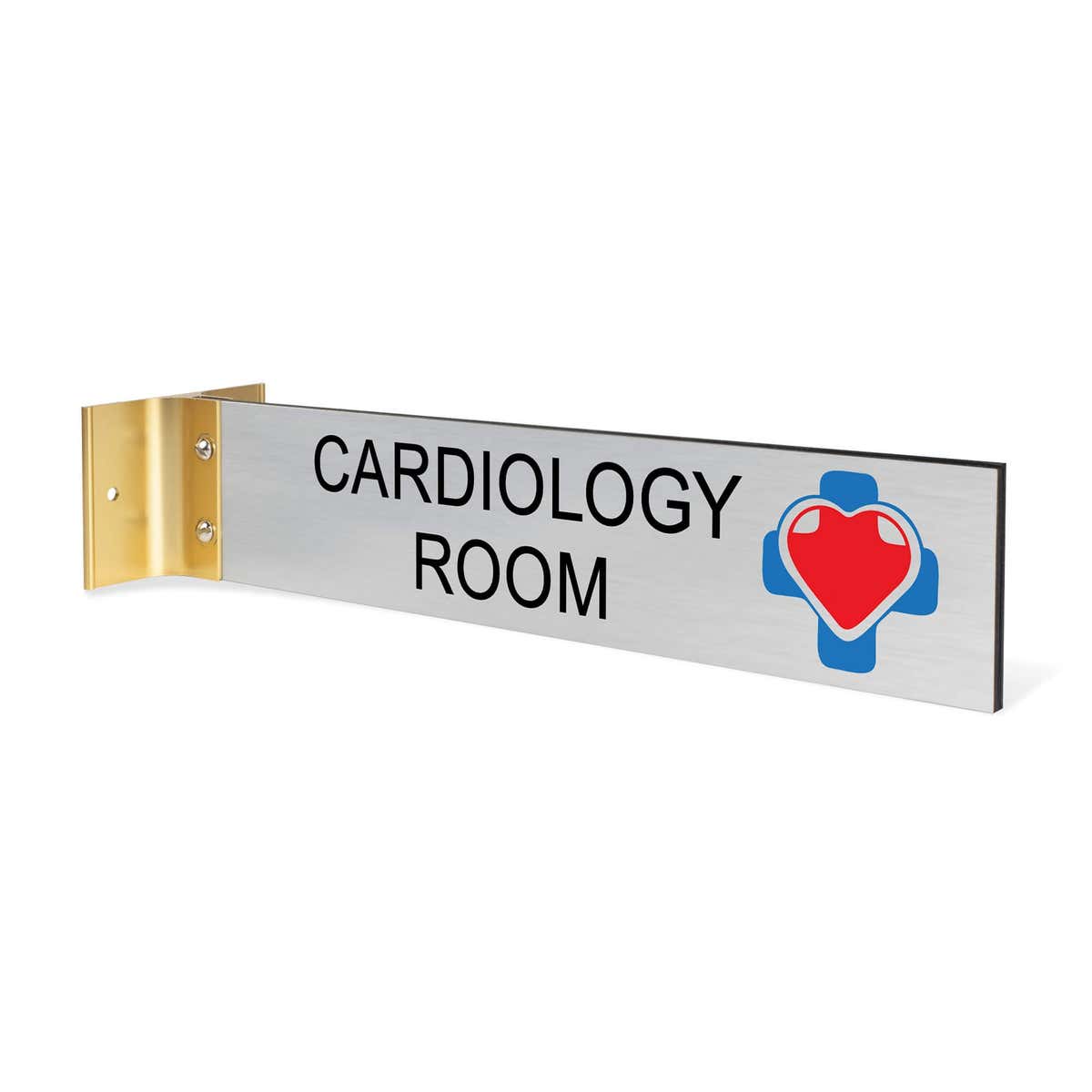 2” x 10” Corridor sign with silver material color, black engraved text, logo, and gold holder on a white background with custom text saying “CARDIOLOGY ROOM”.