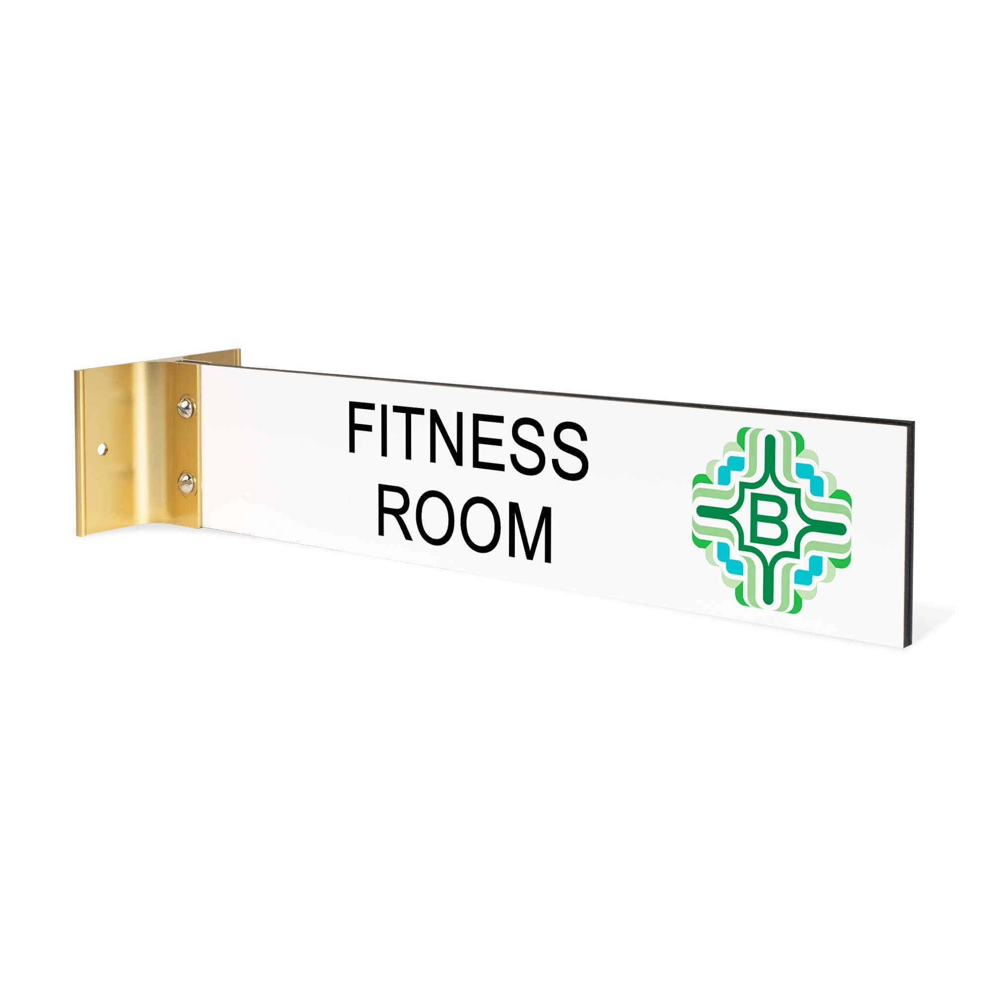 2” x 10” Corridor sign with white material color, black engraved text, logo, and gold holder on a white background with custom text saying “FITNESS ROOM”.