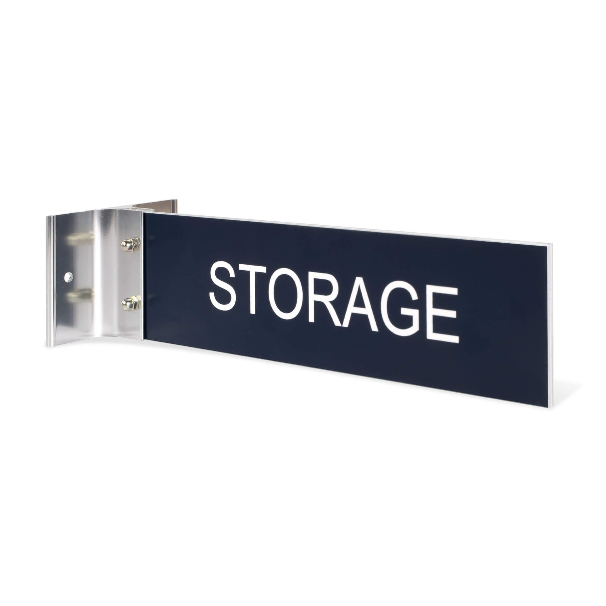 2” x 8” Corridor sign with blue material color, white engraved text, and silver holder on a white background with custom text saying “STORAGE”.