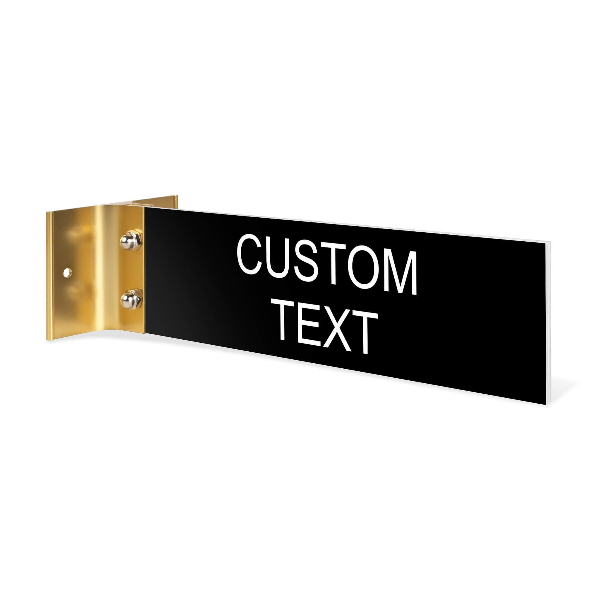 2” x8” “Custom Text” Corridor sign with black material color, white engraved text, and yellow gold holder on a white background.