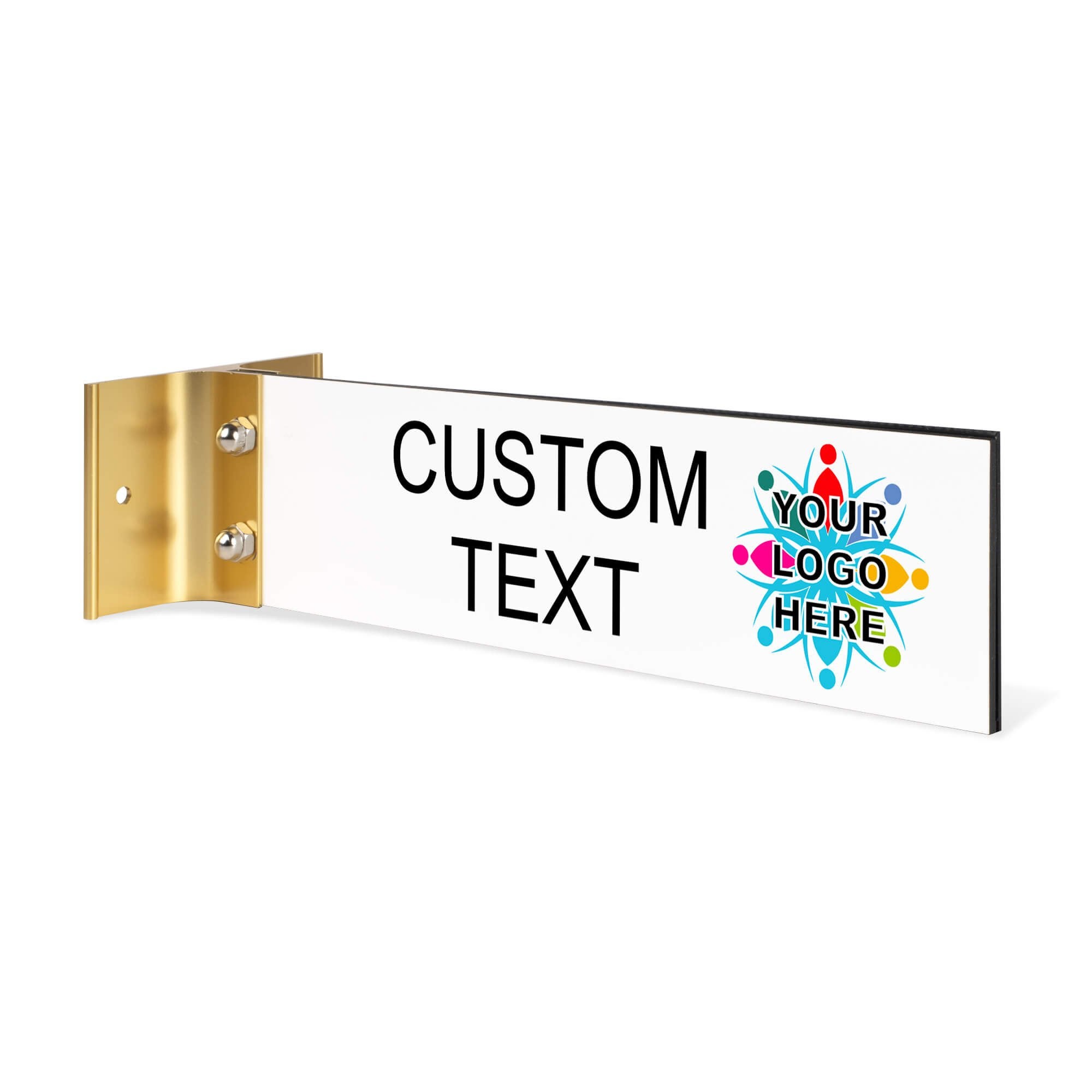 2” x8” “Custom Text” Corridor sign with gold holder and placeholder logo, customizable text on a white background.