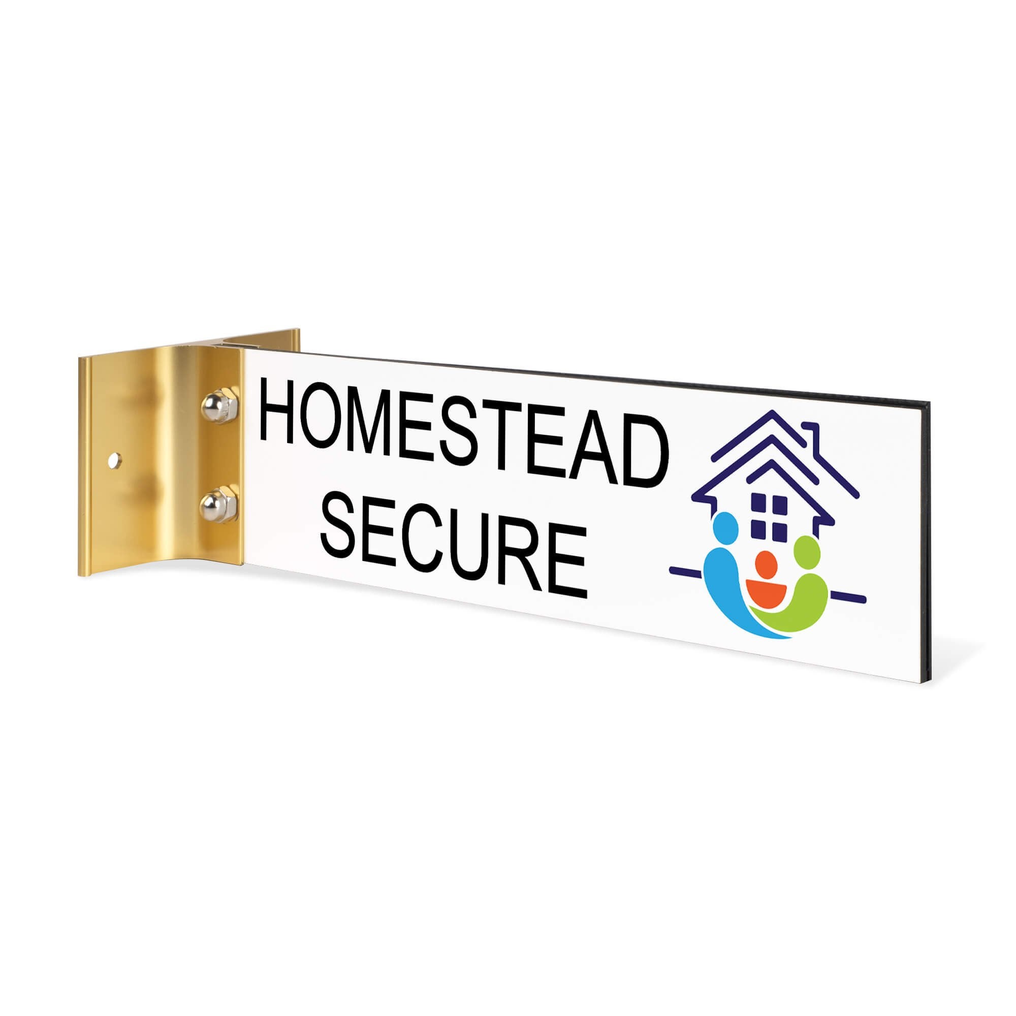 2” x 8” Corridor sign with white material color, black engraved text, logo, and gold holder on a white background with custom text saying “HOMESTEAD SECURE”.