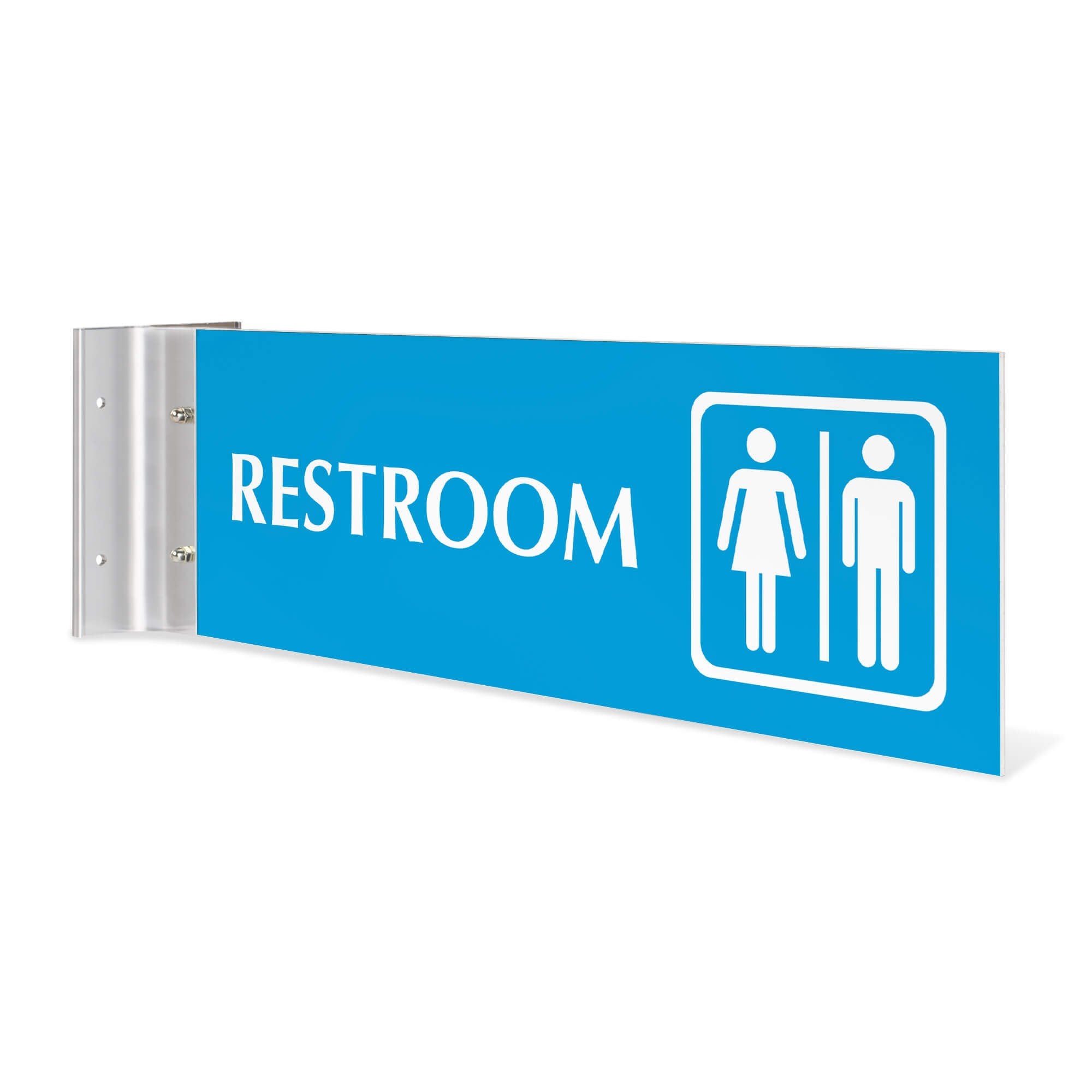 4” x 12” Corridor sign with baby blue material color, white engraved text, logo and silver holder on a white background with text saying “RESTROOM”.