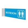 4” x 12” Corridor sign with baby blue material color, white engraved text, logo and silver holder on a white background with text saying “RESTROOM”.