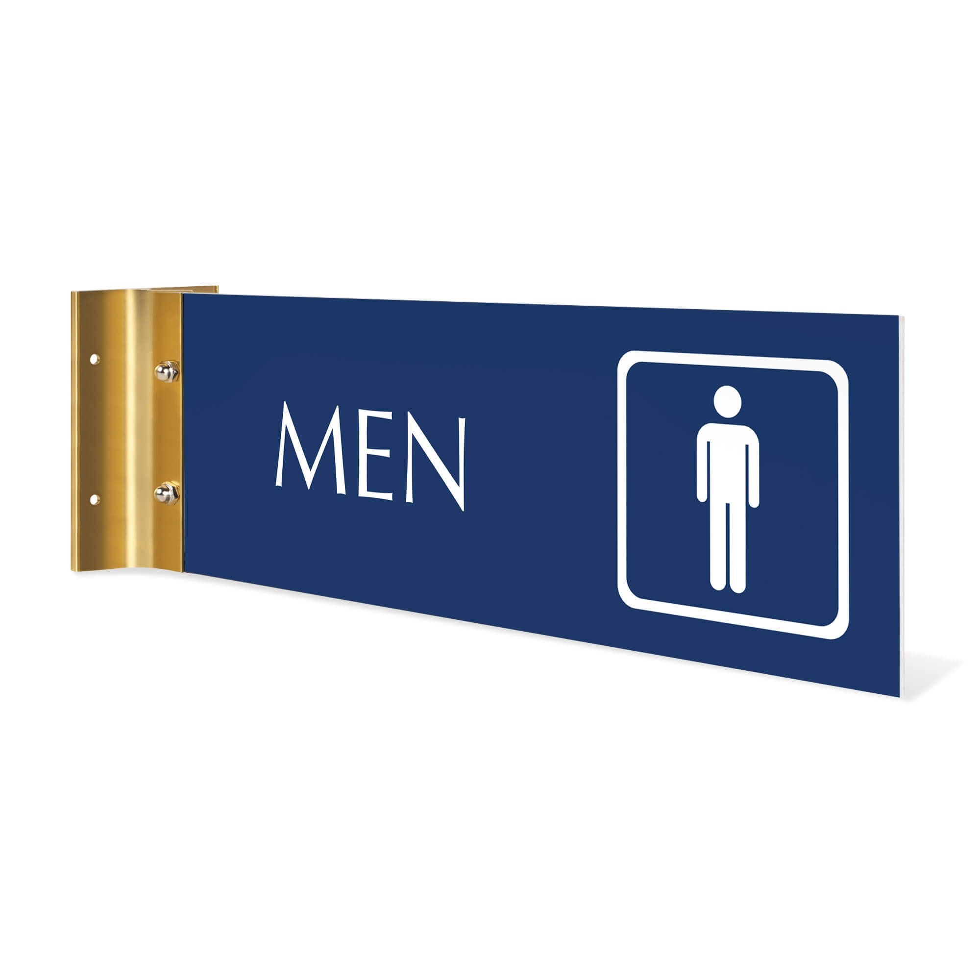 4” x12” “MEN” Corridor sign with royal blue material color, white engraved text, logo and yellow gold holder on a white background.