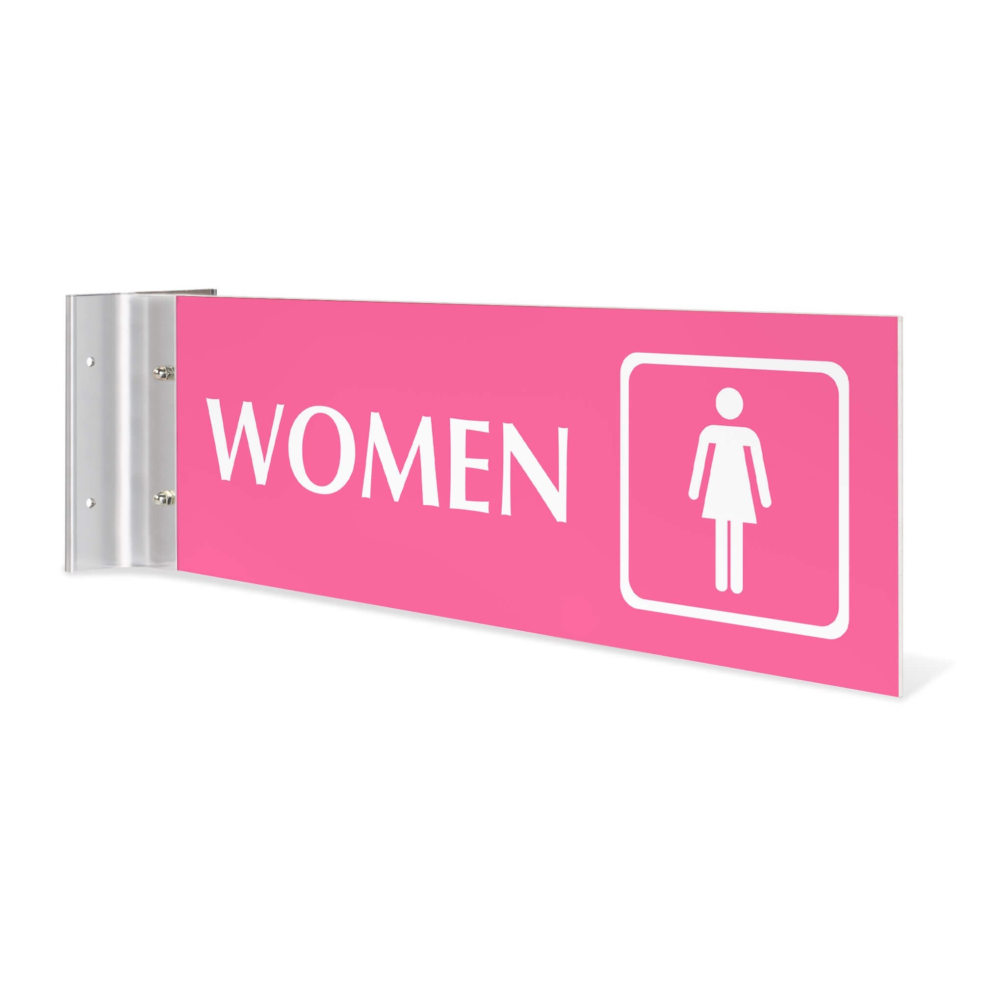 4” x12” “WOMEN” Corridor sign with pink material color, white engraved text, logo and silver holder on a white background.
