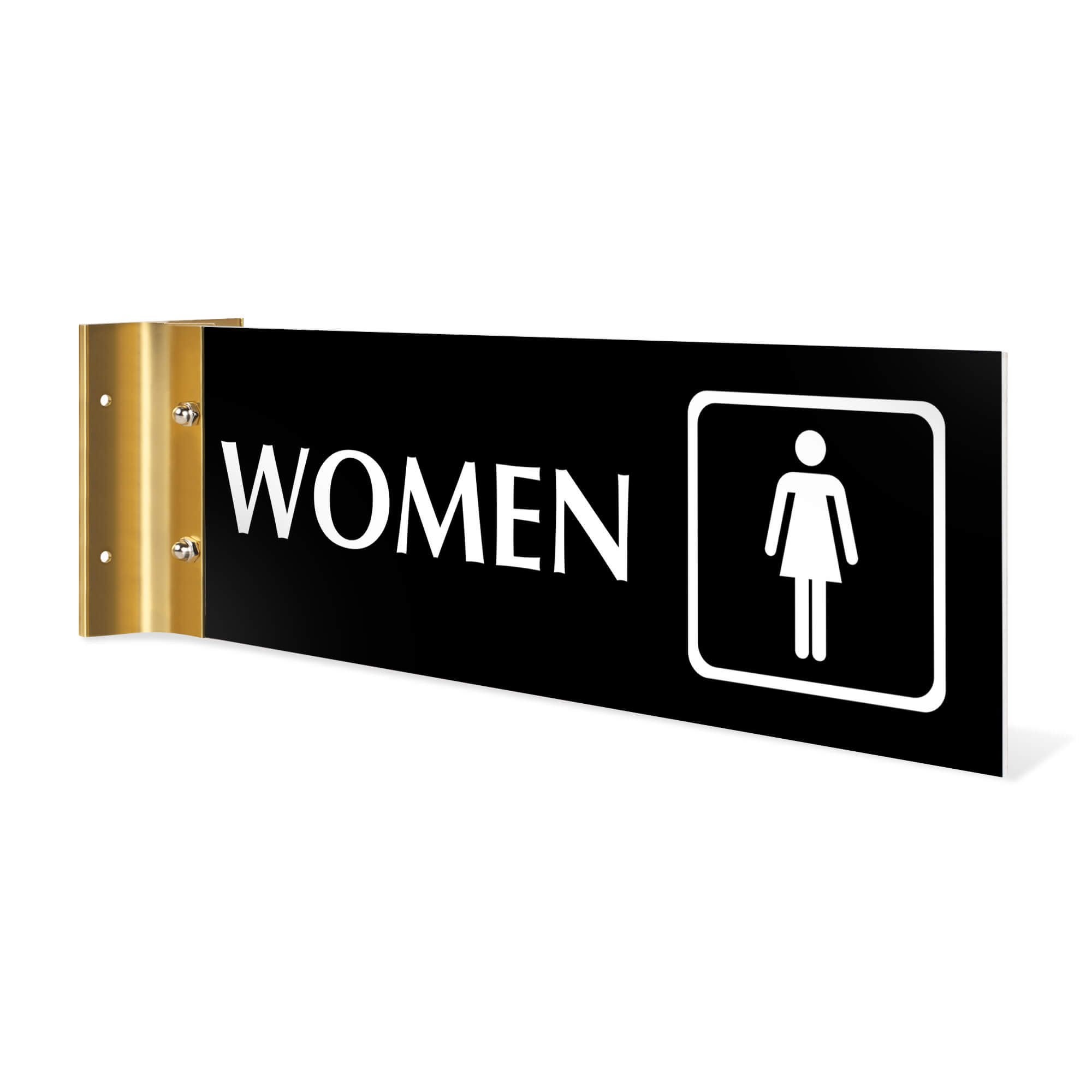 4” x12” “WOMEN” Corridor sign with black material color, white engraved text, logo and yellow gold holder on a white background.