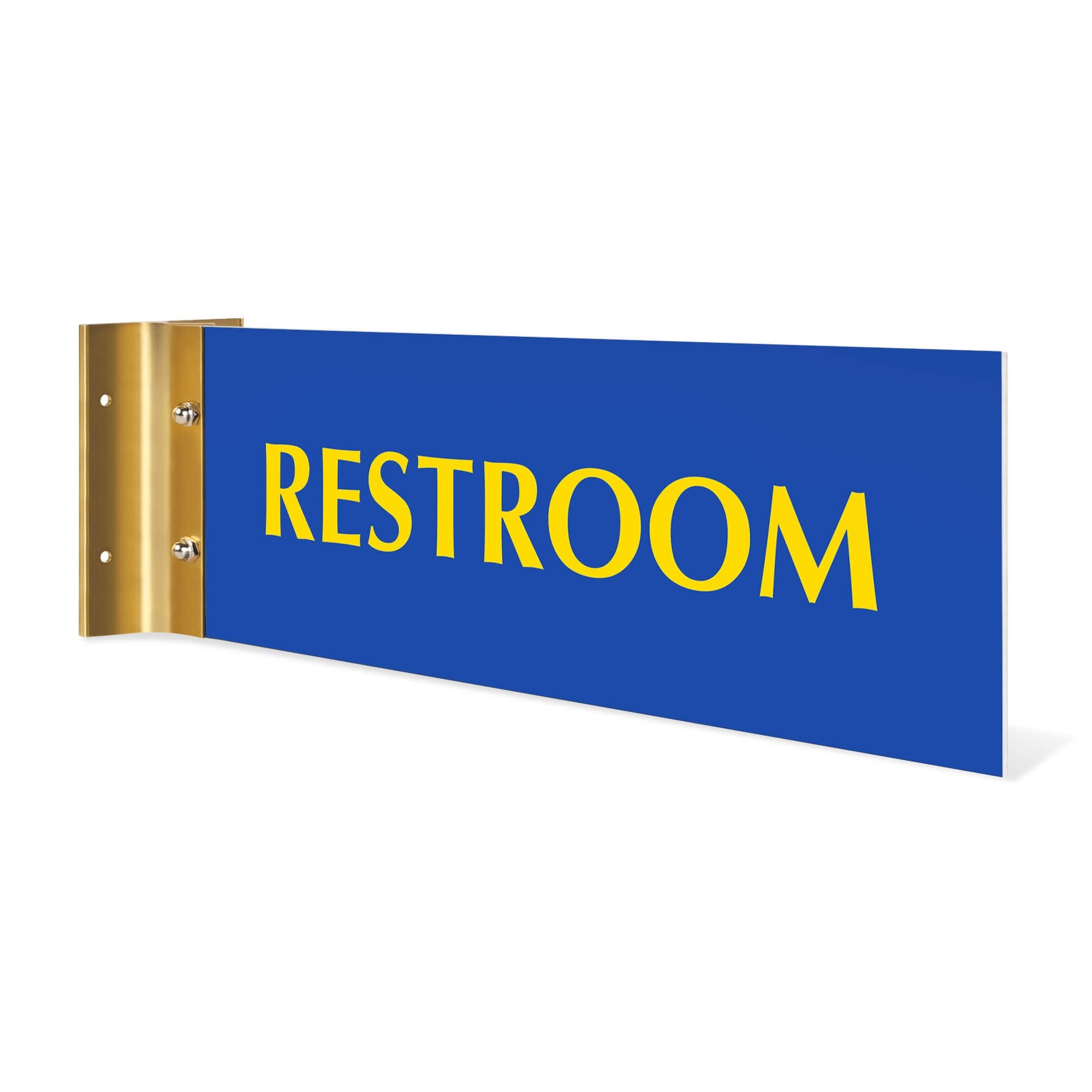4” x12” “RESTROOM” Corridor sign with blue material color, yellow engraved text, and gold holder on a white background.