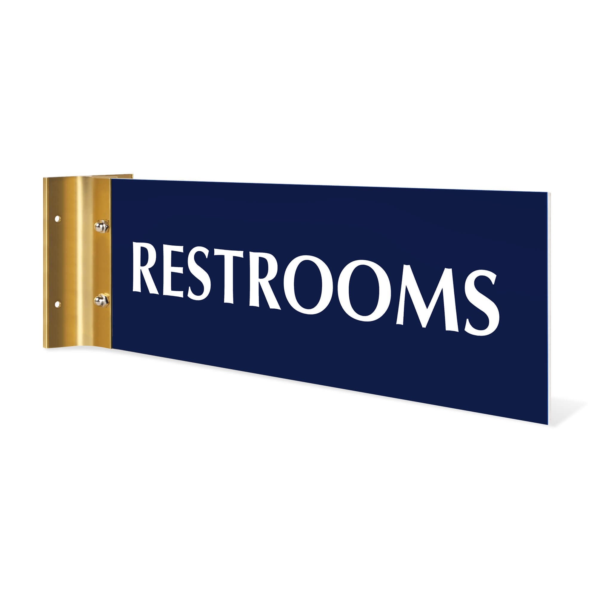 4” x12” “RESTROOMS” Corridor sign with blue material color, white engraved text, and gold holder on a white background.