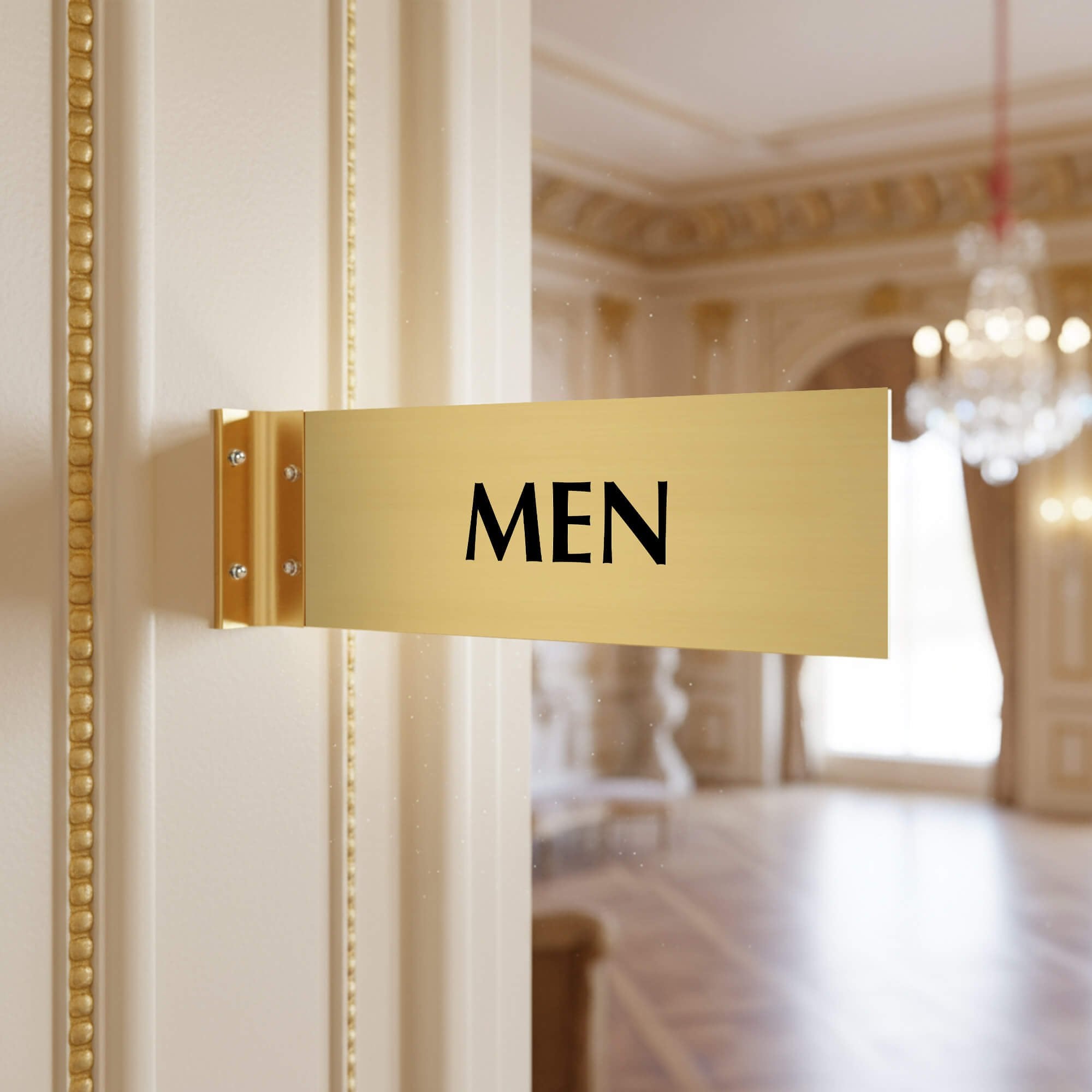 4” x 12” Corridor sign with gold material color, black engraved text, and gold holder on a hallway wall with text saying “MEN”.