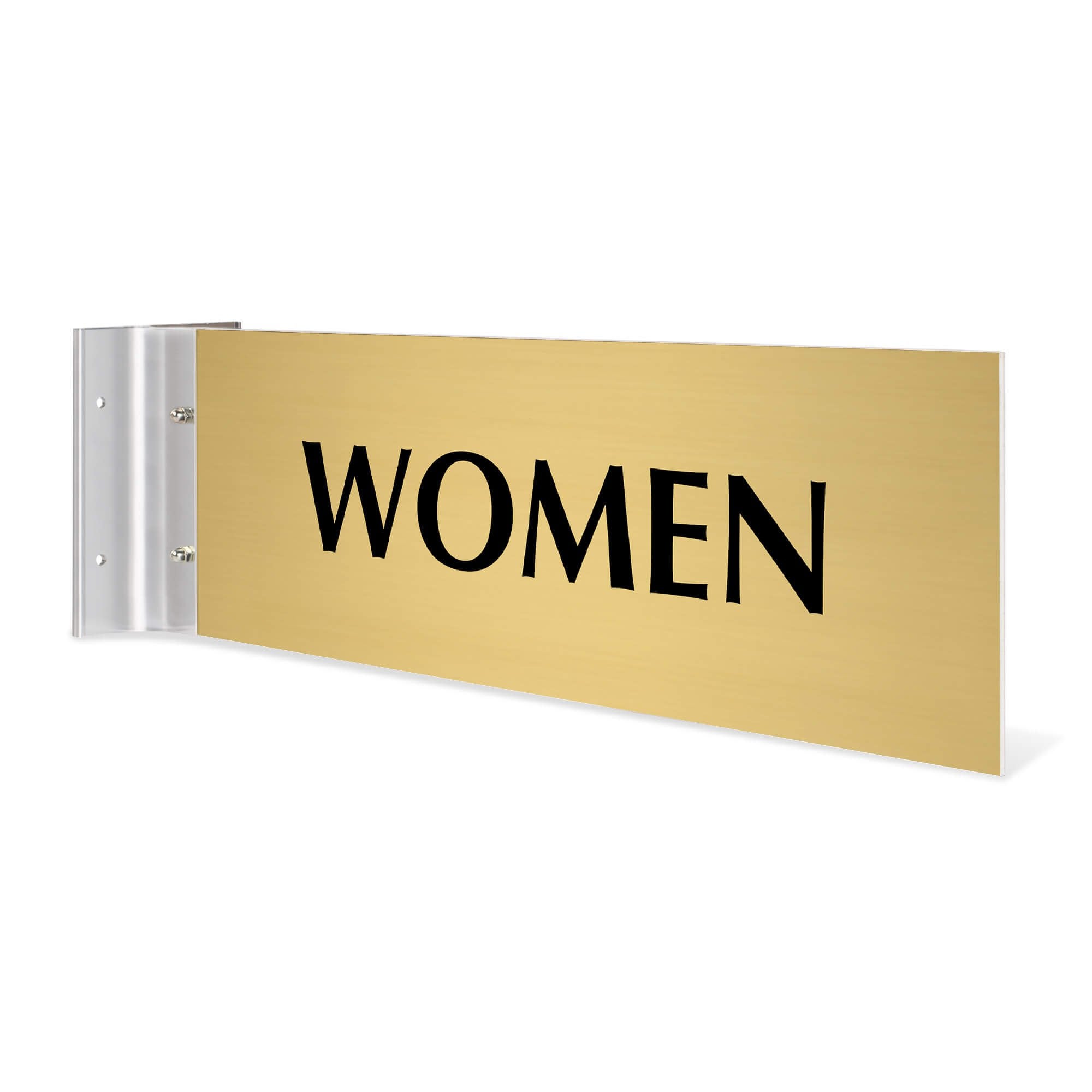 4” x12” “WOMEN” Corridor sign with gold material color, black engraved text, and silver holder on a white background.