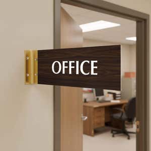 4” x 12” Corridor sign with walnut material color, white engraved text, and gold holder on a hallway wall with text saying “OFFICE”.