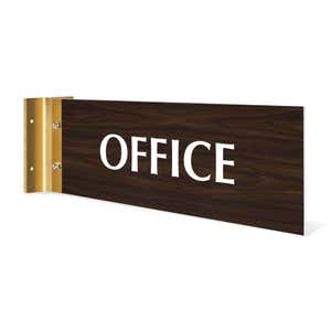 4” x12” “OFFICE” Corridor sign with walnut material color, white engraved text, logo and gold holder on a white background.