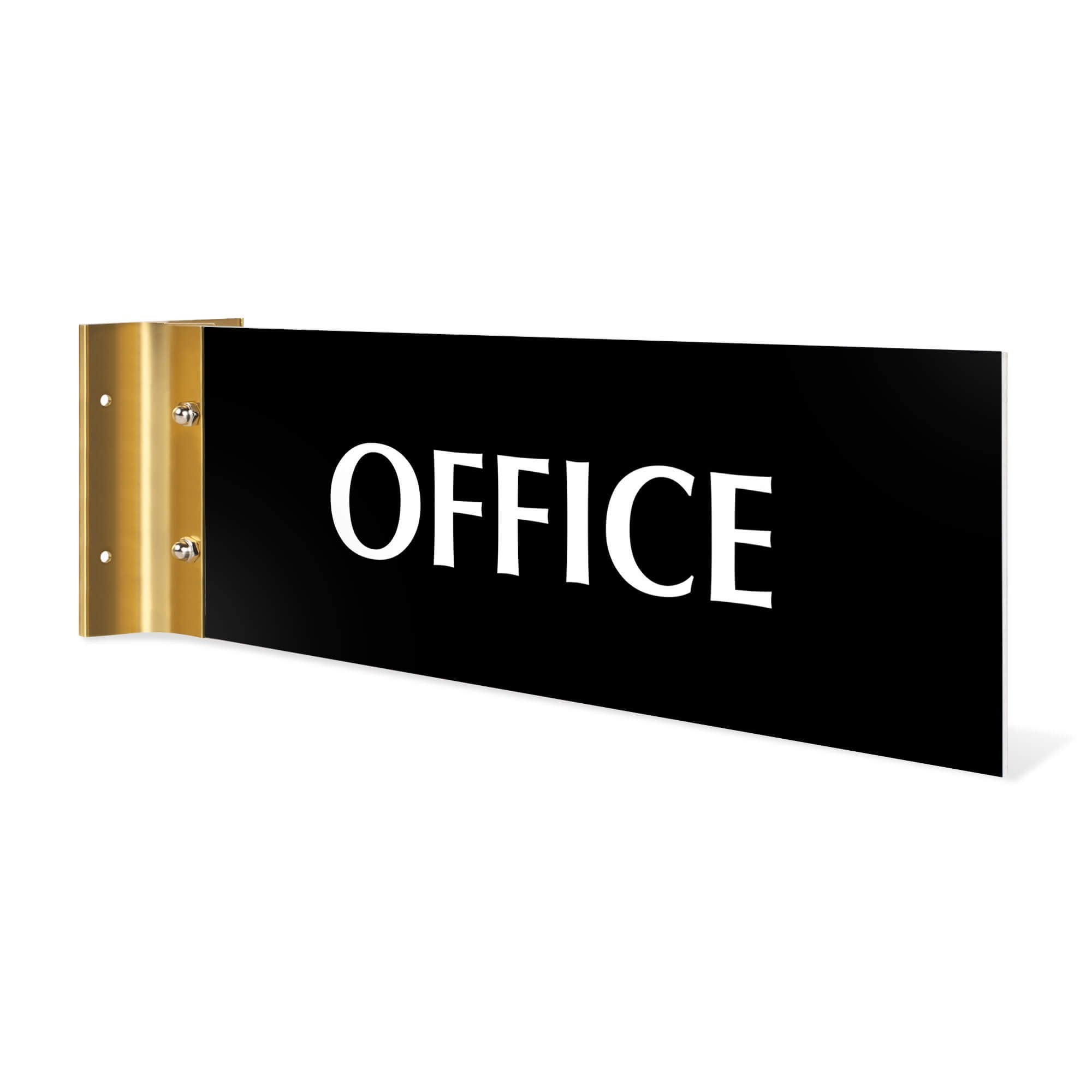 4” x12” “OFFICE” Corridor sign with BLACK material color, white engraved text, and gold holder on a white background.