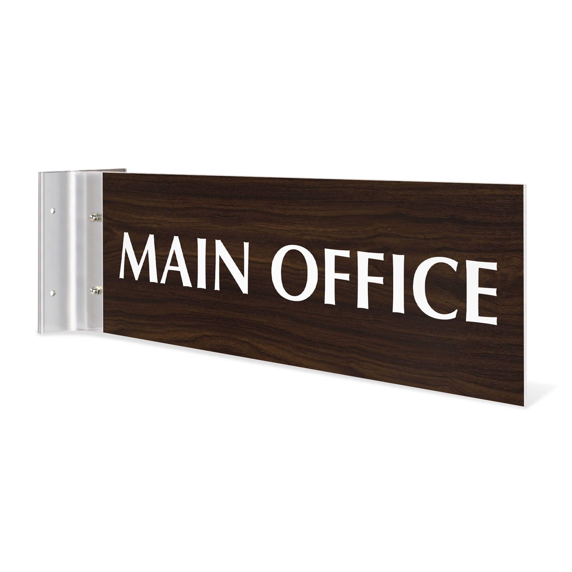 Main Office projection wall sign on a white background with walnut wood background, white engraved text, and silver holder.