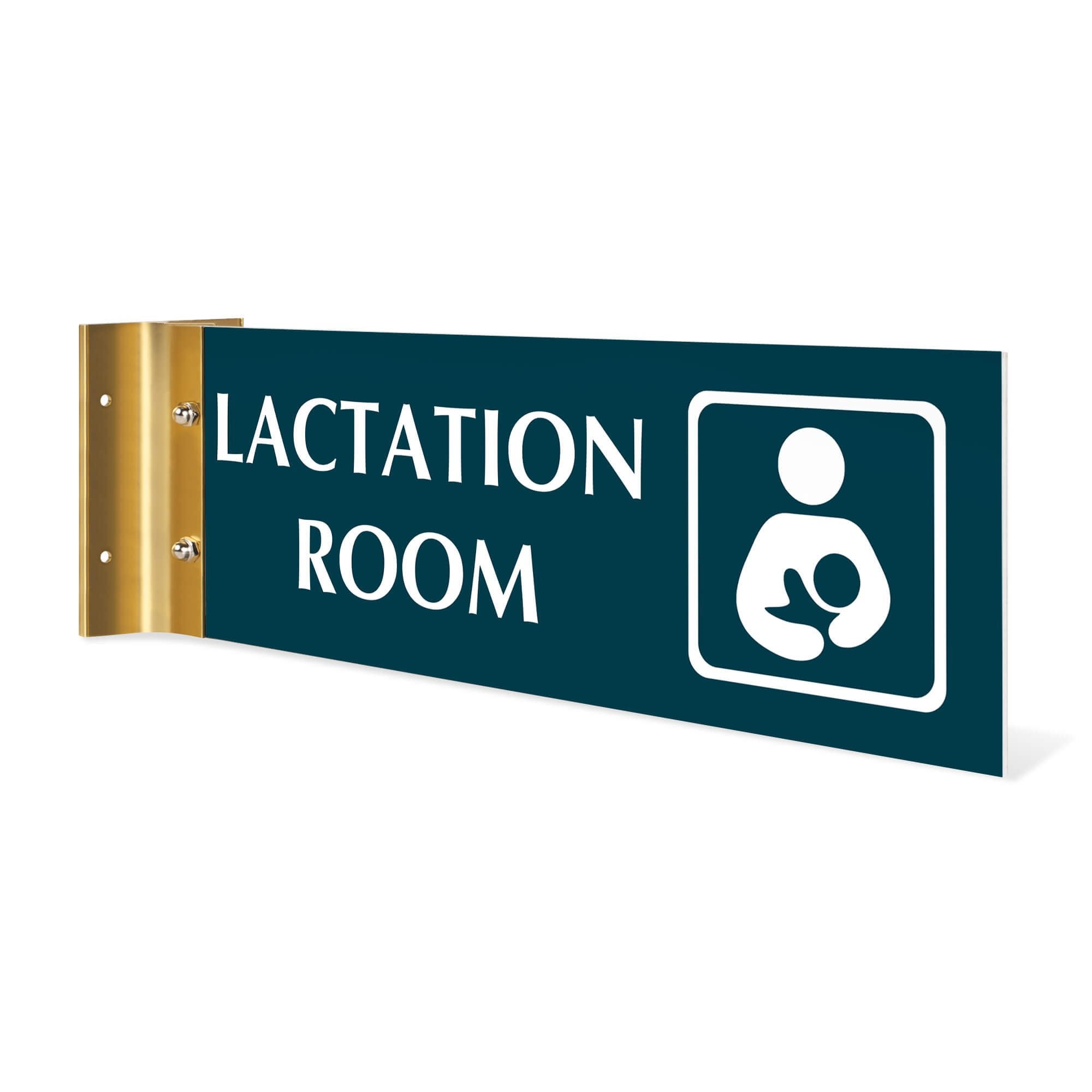 4” x 12” Corridor sign with teal material color, white engraved text, logo and gold holder on a white background with text saying “LACTATION ROOM”.