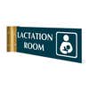 4” x 12” Corridor sign with teal material color, white engraved text, logo and gold holder on a white background with text saying “LACTATION ROOM”.
