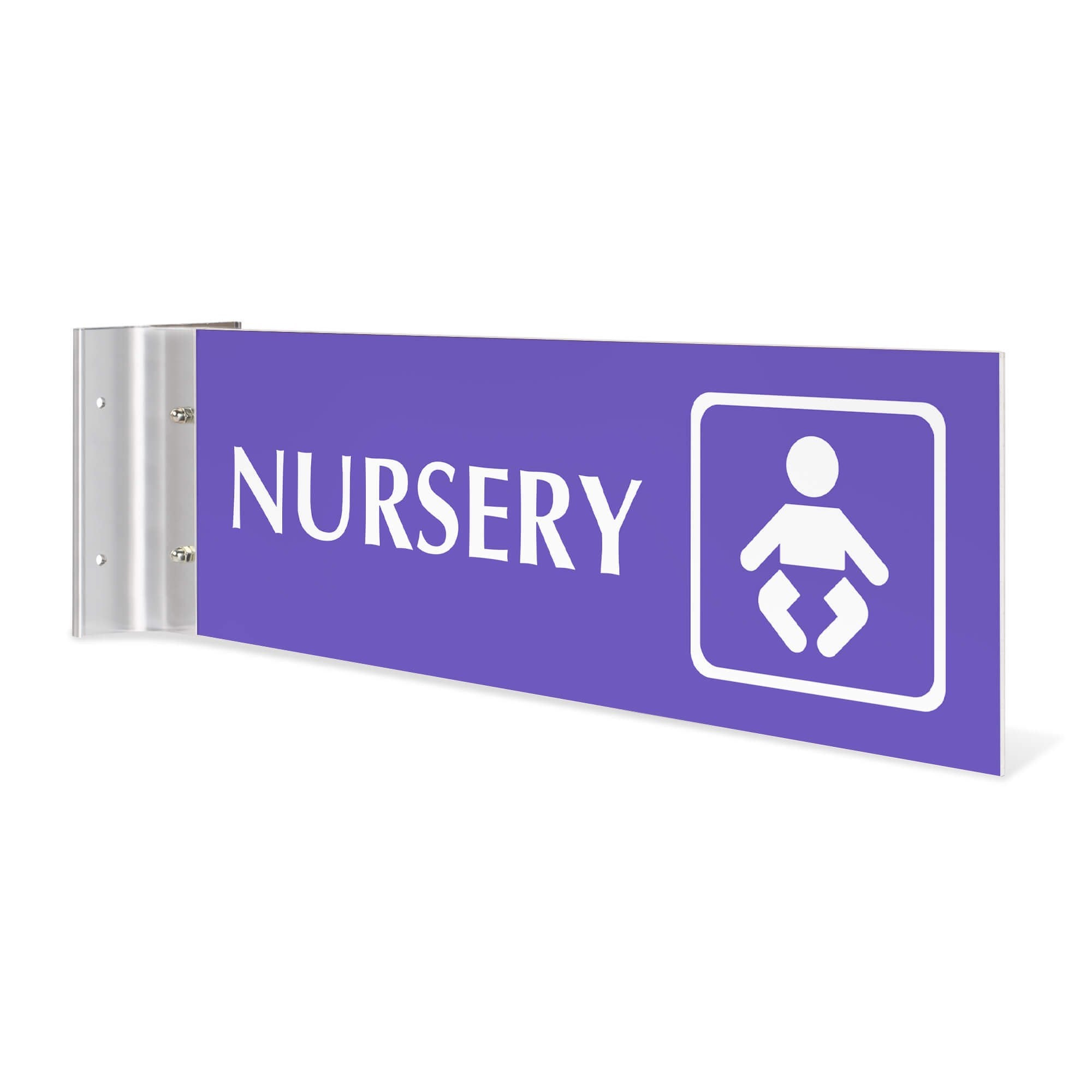 4” x12” “NURSERY” Corridor sign with purple material color, white engraved text, logo and silver holder on a white background.