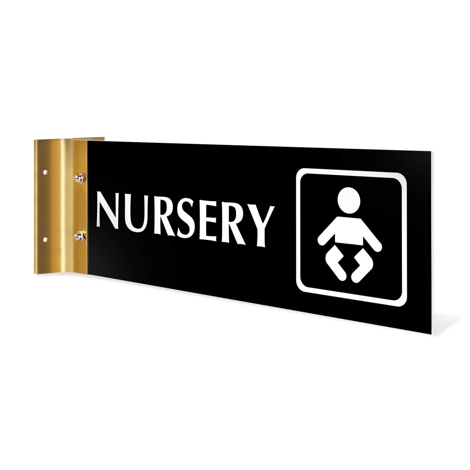 4” x12” “NURSERY” Corridor sign with black material color, white engraved text, logo and gold holder on a white background.