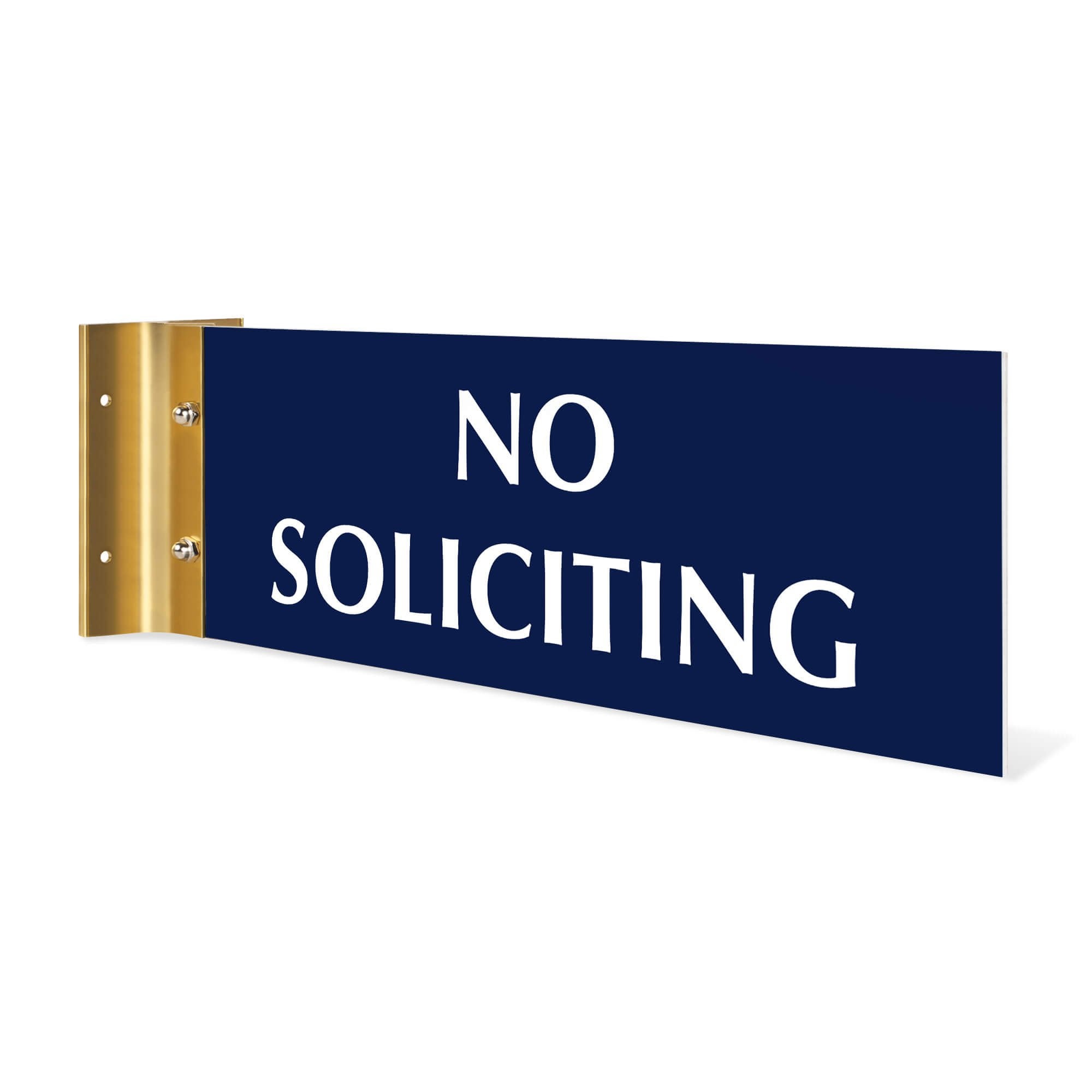 4” x 12” Corridor sign with blue material color, white engraved text, and gold holder on a white background with custom text saying “NO SOLICITING”.