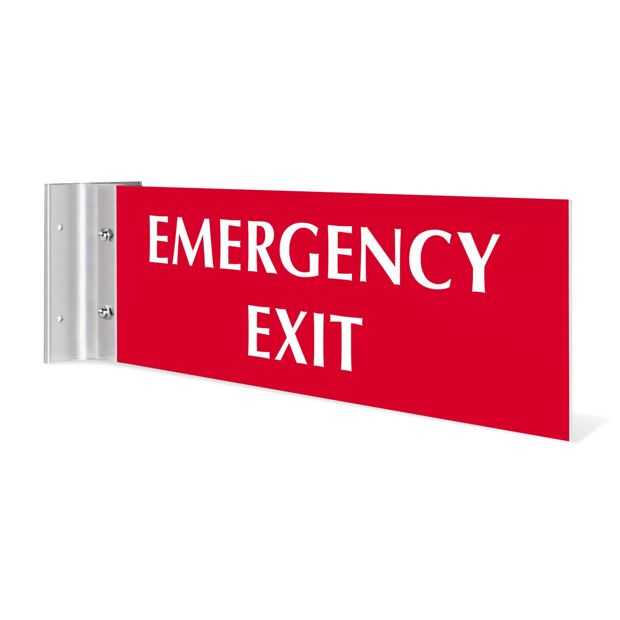 4” x 12” Corridor sign with red material color, white engraved text, and silver holder on a white background with custom text saying “EMERGENCY EXIT”.
