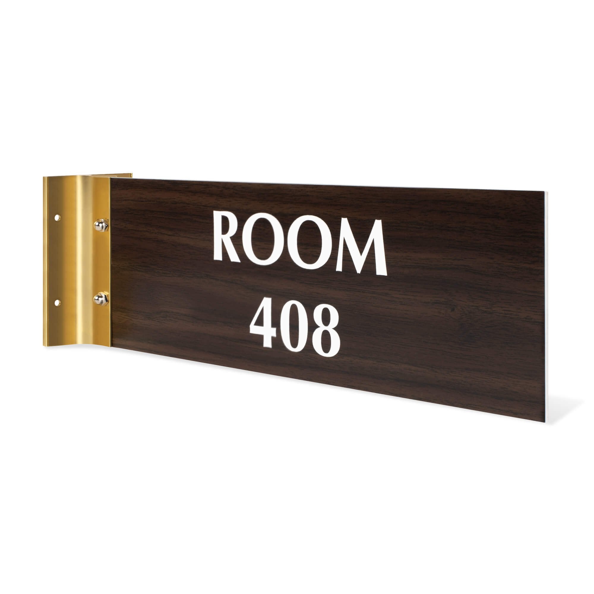 4” x 12” Corridor sign with walnut wood material color, white engraved text, and gold holder on a white background with custom text saying “ROOM 408”.