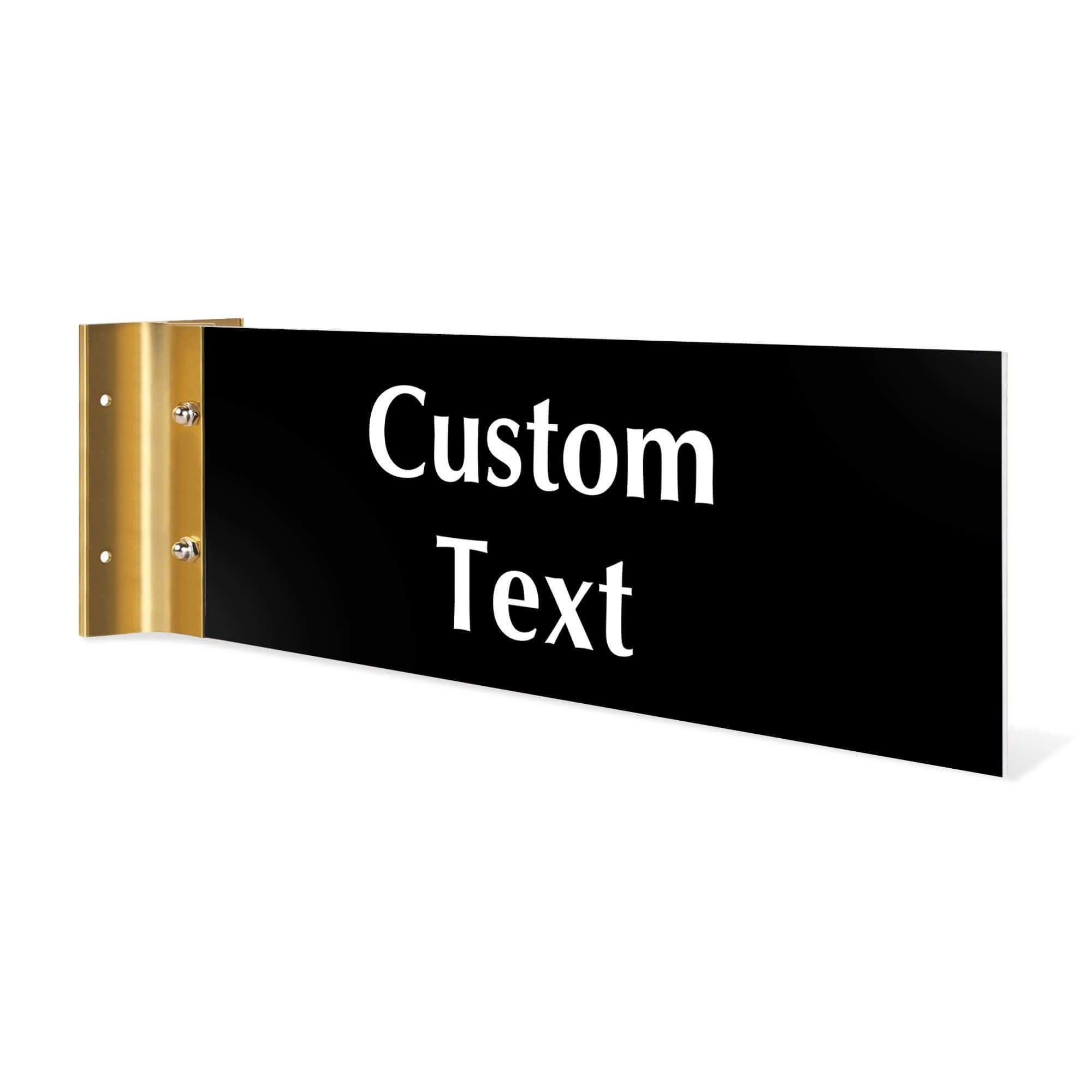 4” x12” “Custom Text” Corridor sign with black material color, white engraved text, and yellow gold holder on a white background.