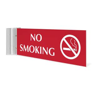 4” x12” “NO SMOKING” Corridor sign with red material color, white engraved text, logo and silver holder on a white background.