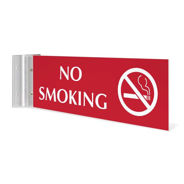 4” x12” “NO SMOKING” Corridor sign with red material color, white engraved text, logo and silver holder on a white background.