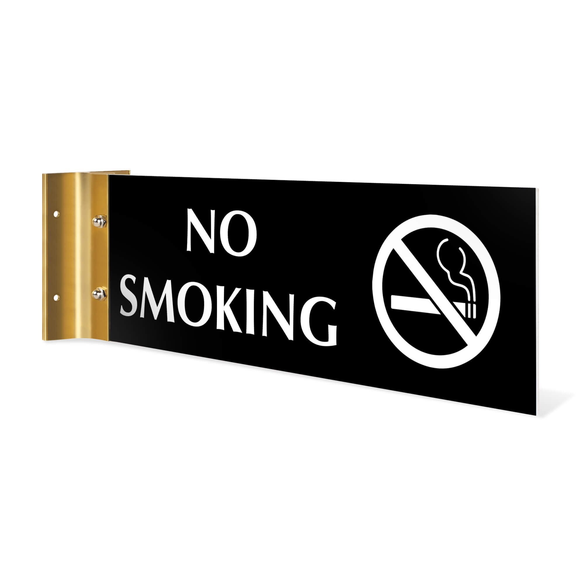 4” x12” “NO SMOKING” Corridor sign with black material color, white engraved text, logo and gold holder on a white background.