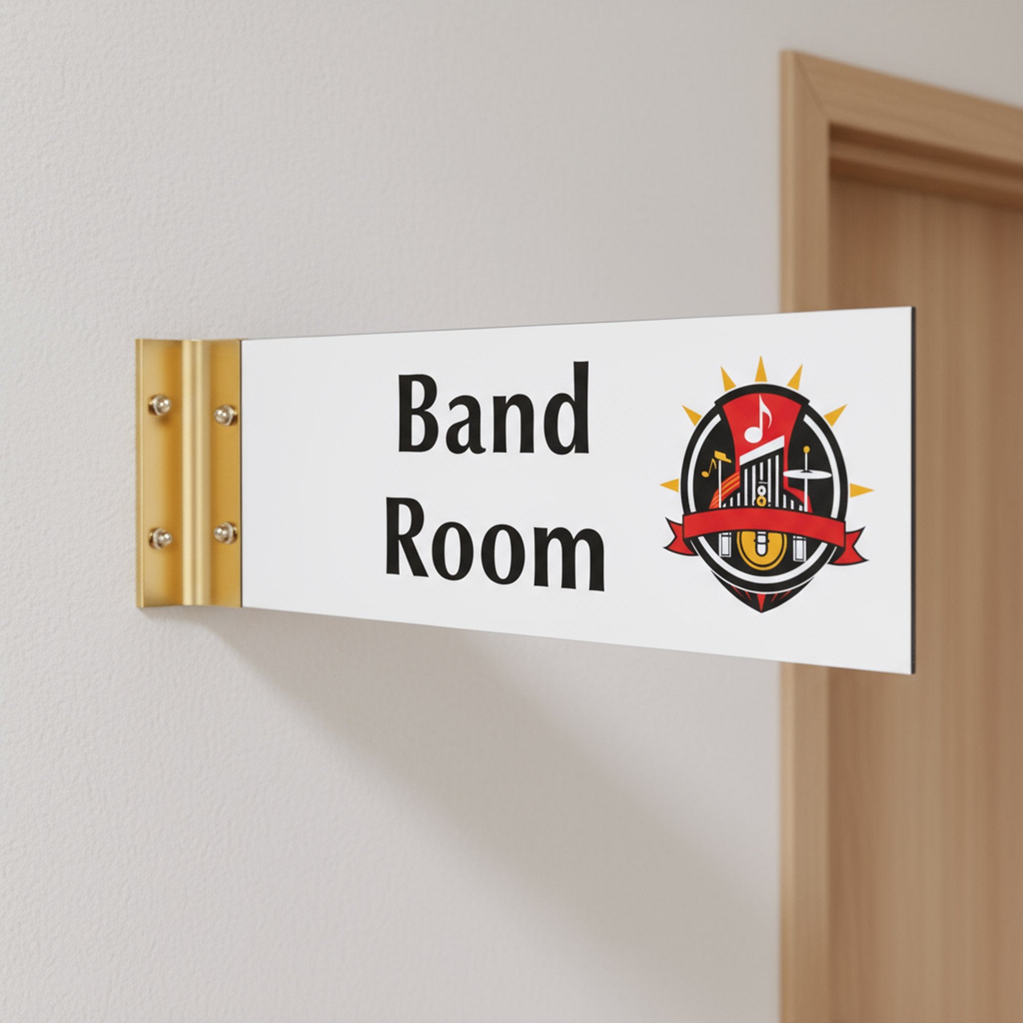 4” x 12” Corridor sign with white material color, black engraved text, logo, and gold holder on a hallway wall with custom text saying “BAND ROOM”.