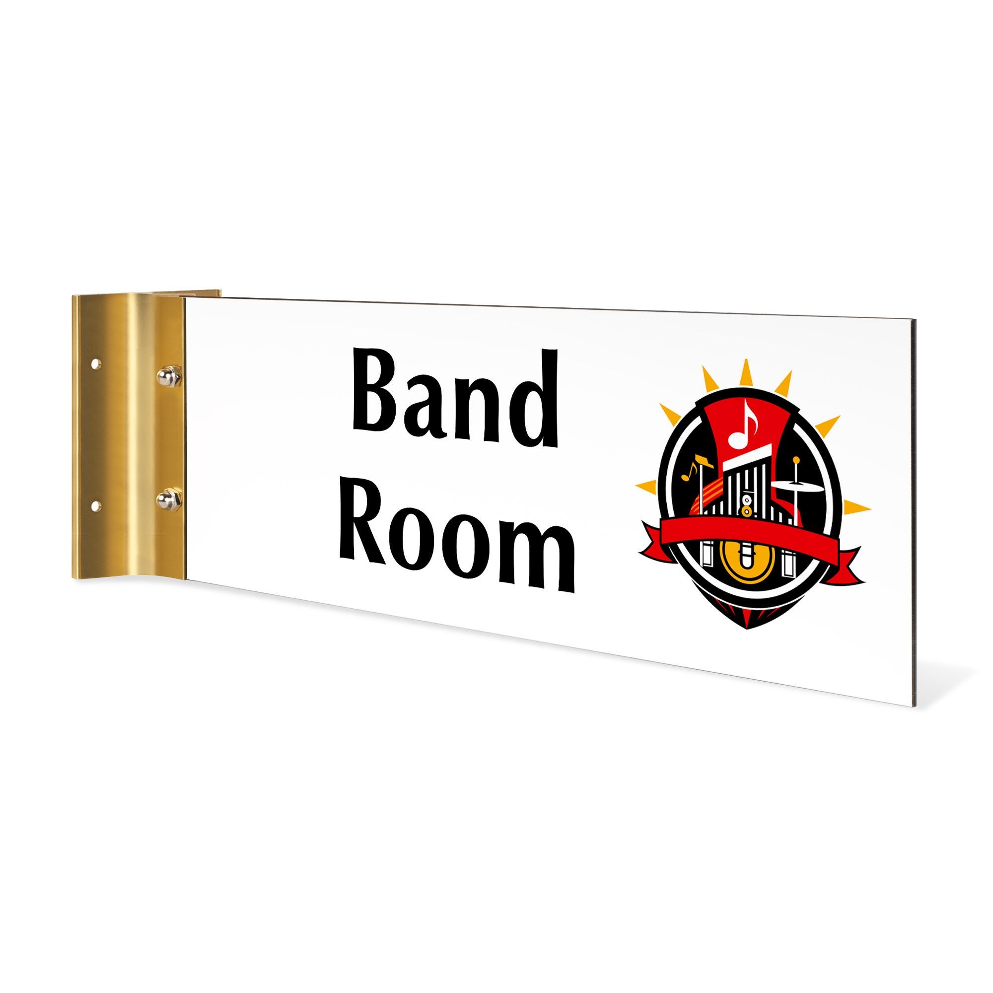 4” x 12” Corridor sign with red material color, white engraved text, and silver holder on a hallway wall with custom text saying “BAND ROOM” with a logo.