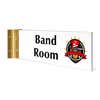 4” x 12” Corridor sign with red material color, white engraved text, and silver holder on a hallway wall with custom text saying “BAND ROOM” with a logo.