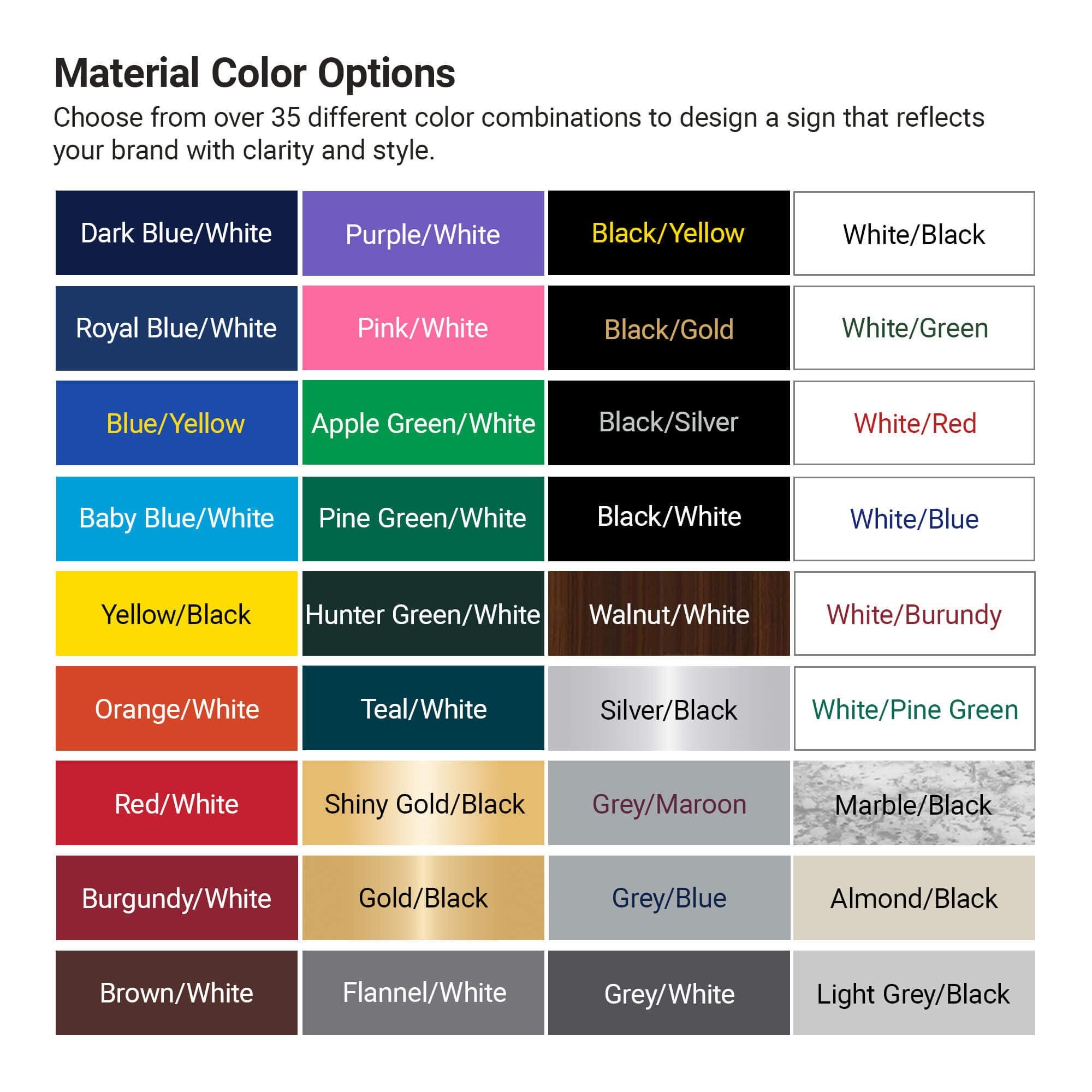 Material color options chart showing over 35 engraved plastic sign color combinations including Black/White, Walnut/White, Blue/Yellow, and more.