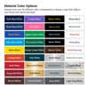 Infographic showing a material color options chart showing over 35 engraved plastic sign color combinations including Black/White, Walnut/White, Blue/Yellow, and more.